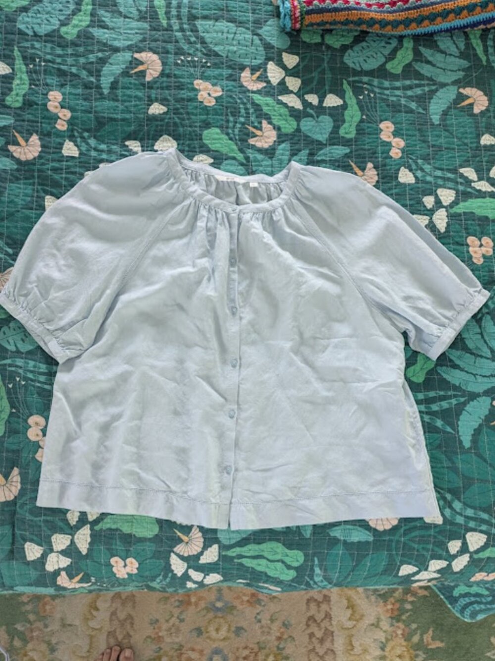 UNIQLO Women Sz XL Shirt Blue Linen Blend Volume Raglan Sleeve Peasant Boho